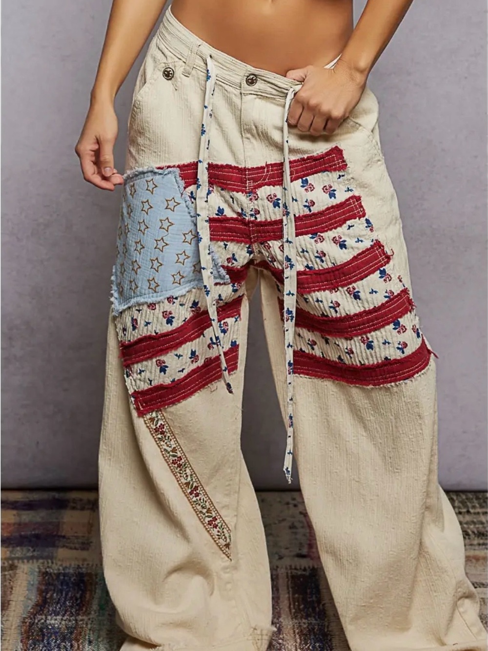 🤗 POL-American Flag Patch Elastic Band Solid Stripe Wide Pants